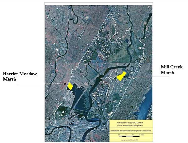 Location of Harrier Meadow and Mill Creek marshes within the Meadowlands District.