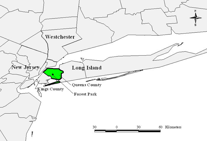 Figure 1. Forest Park lies at the western end of Long Island and along the edge of the Harbor Hill terminal moraine. The park is unique in that it contains the largest remaining tract of contiguous wooded ecosystems in Queens County, New York (167 hectares).