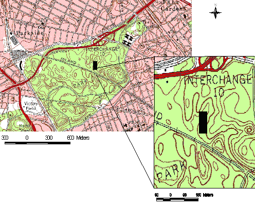 Figure 2. A topographical view of the 50 × 100-meter study plot positioned within the 29-hectare Northern Woods of Forest Park amidst the surrounding urban communities. 