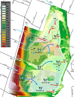Surface water routing through Teaneck Creek Conservancy wetlands. S = inflows to the Conservancy wetlands; O = outflows from the Conservancy wetlands.