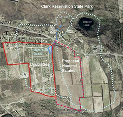 Recent Google Earth view of Dry Lake and Glacier Lake, their watershed areas (dotted light blue), the nearly completed Doubletree residential development (solid red border), and the proposed development Hummel Estates (dotted red border). The detention basin for Doubletree and the intermittent outflow stream that connects to Dry Lake are shown in medium blue.