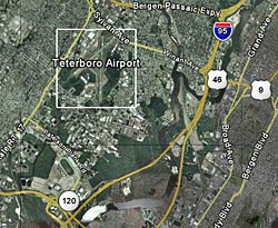 Figure 1. Map of the two study areas (in boxes) where calling frogs were surveyed—Teterboro Airport and Upper Penhorn Marsh in the Hackensack Meadowlands, New Jersey—and surrounding urban areas.