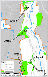 Figure 1: Map of study area, stilt grass cover, and approximate locations of trap arrays, Mianus River Gorge Preserve, NY.